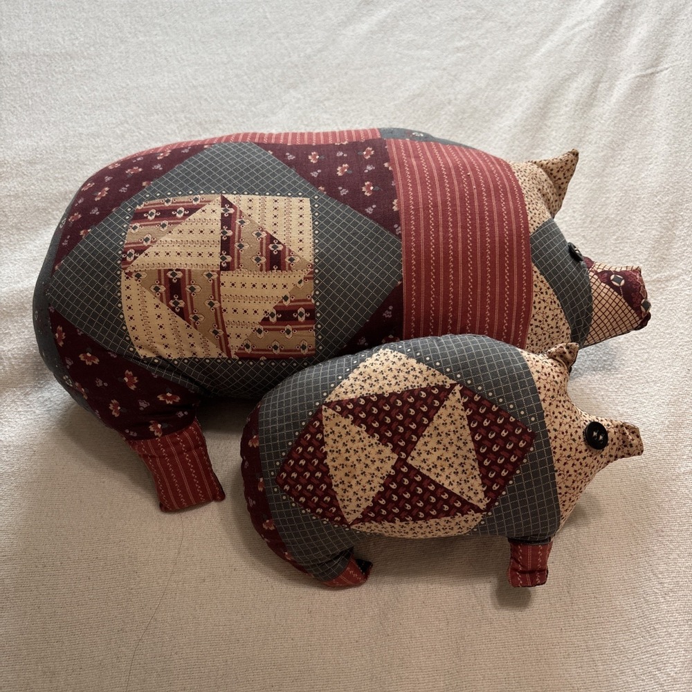 Handmade Patchwork Pig Pillows Set of 2 Primitive Country Folk Art Decor